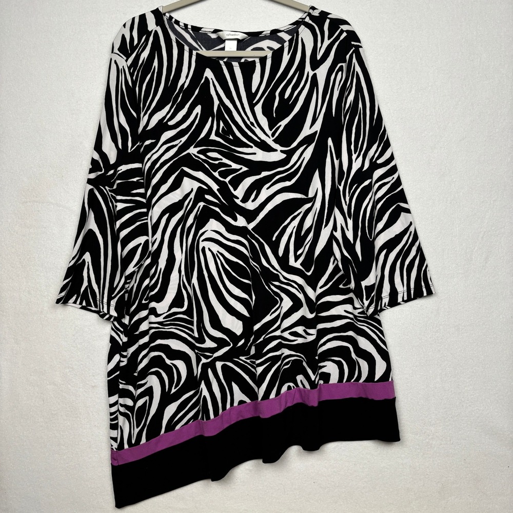 CJ Banks Zebra Print Tunic Womens 2X Plus Asymmetrical Hem 3/4 Sleeve